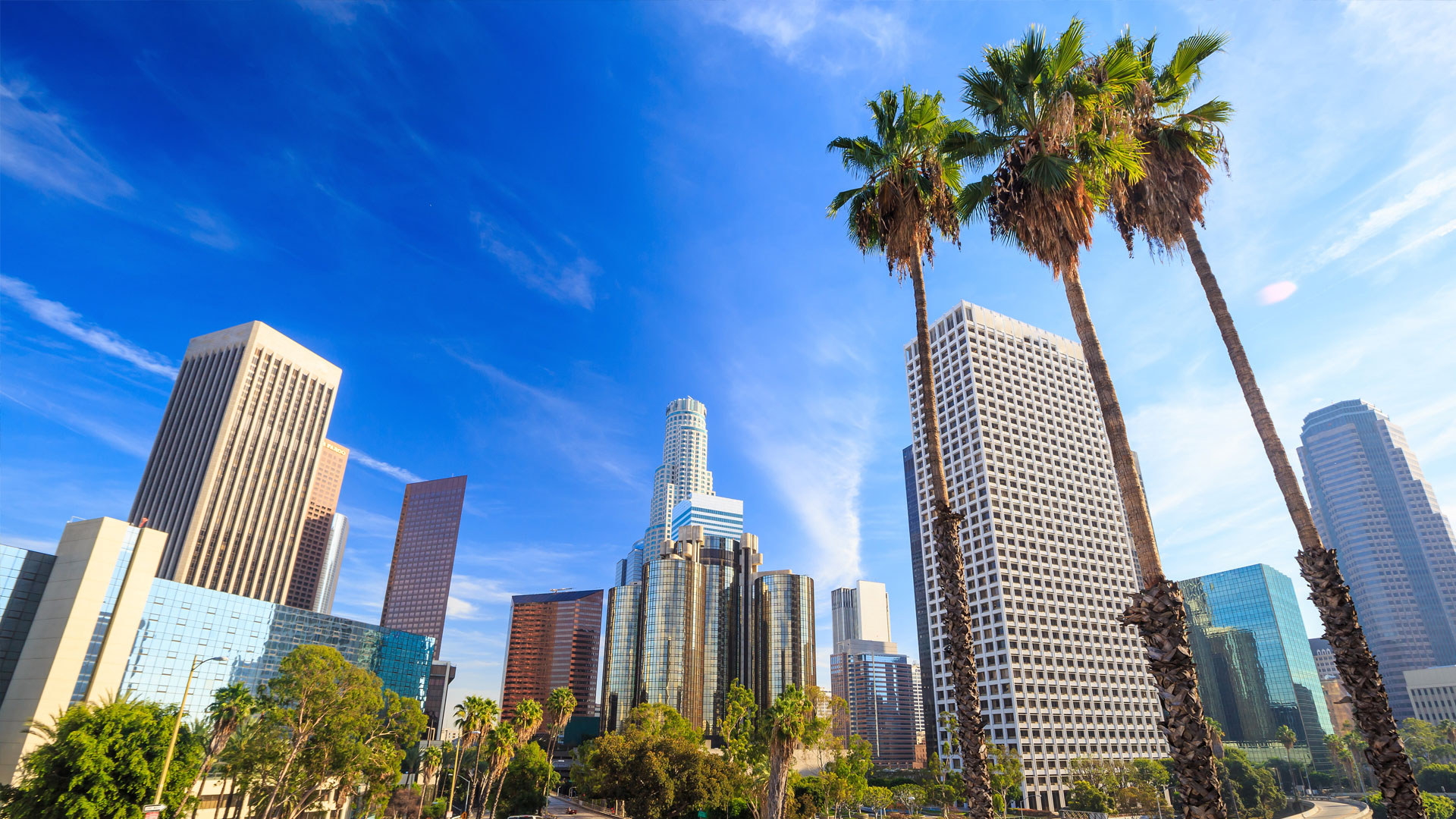 An upward angle of the Los Angeles skyline