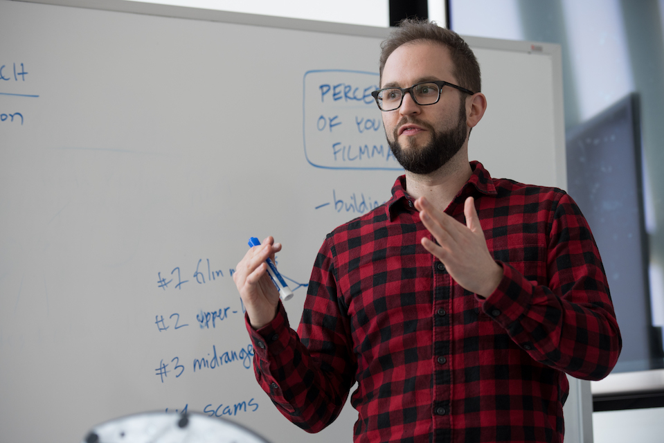 Close up of male faculty member teaching a class at Emerson Los Angeles
