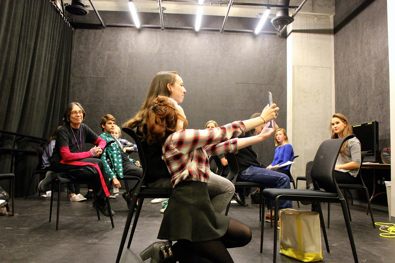 students and faculty rehearse in classroom at emerson los angeles