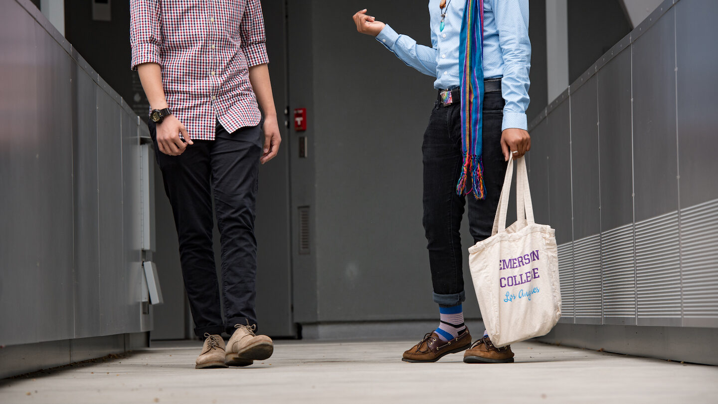 Students talking and walking through Emerson Los Angeles facility